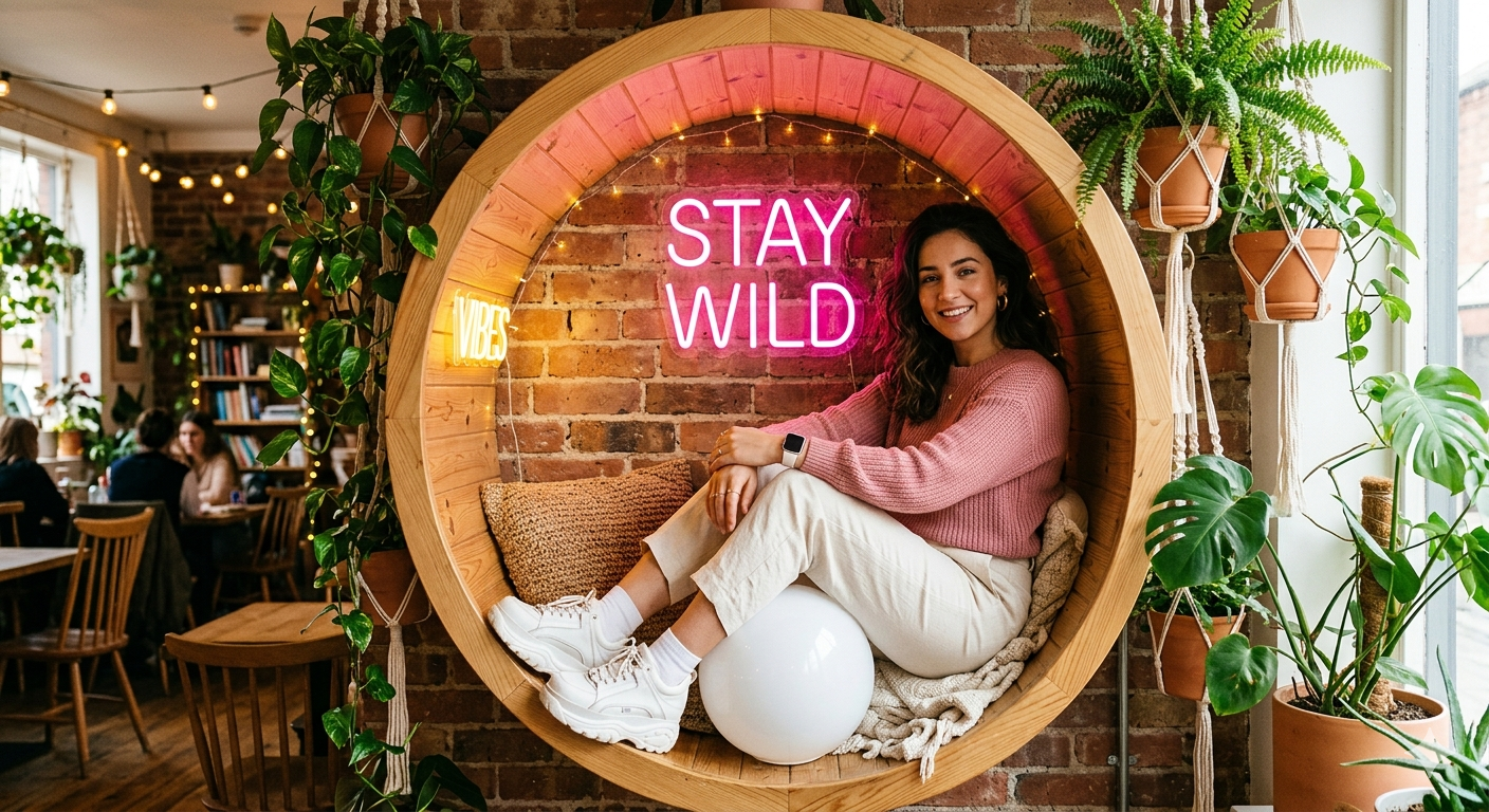 Woman sitting in wooden nook